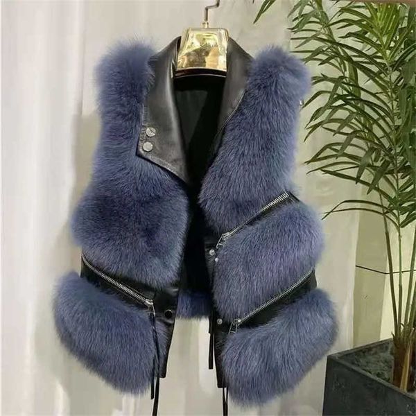 Pelliccia finta da donna 2021 Gilet Cappotto Risvolto Senza maniche Fibbia Sottile Capispalla in pelle PU High Street Peluche One Piece Jack T220928