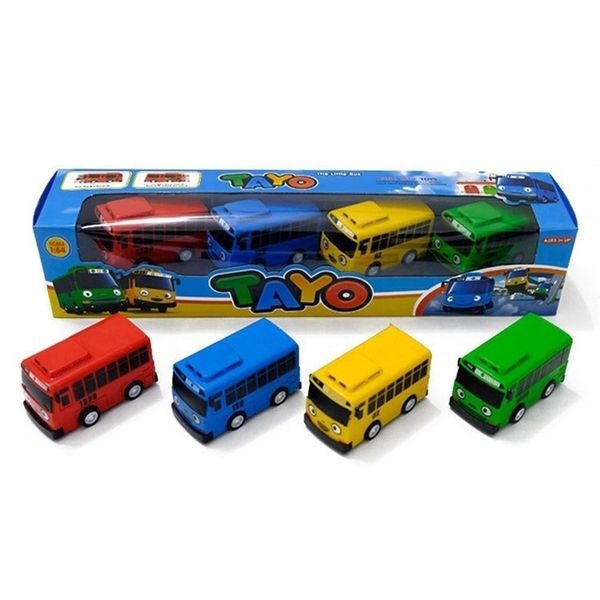 Ликовая модель модель автомобиля 4 шт. Маленькая автобусная мини -пластиковая вытягивание Blue Tayo Red Gani Желтая лани зеленый автомобиль Rogi для детей подарок 220930