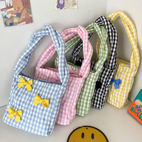 Bolsas noturnas ombro xadrez coreano Bow Bow para mulheres 2022 Trend Summer Candy Color Sweet Bolsa Sweet Tote Shopper Bag Lunch Pack Pack