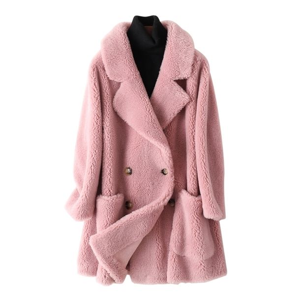Mulheres peles Faux Winter Office Lady Lady Sheep Shearling Coat Real Women Faced Double Jackets de lã roupas femininas coreanas Tops 220929
