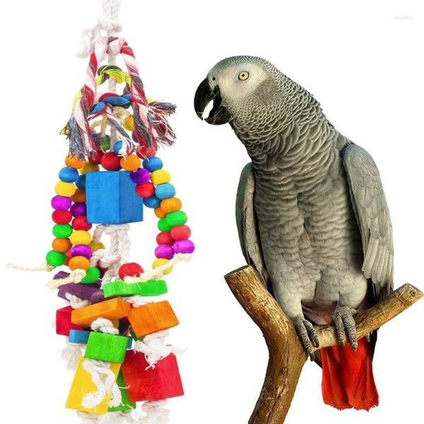 Outros suprimentos de pássaros mastigarem brinquedos coloridos de madeira blocos de contas Treinamento de papagaio de balanço para corda de algodão da cor do periquito pendurada em gaiola