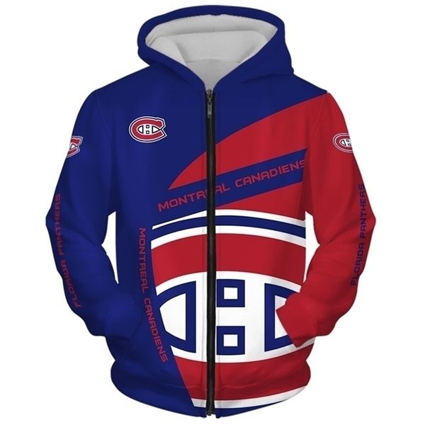 Erkek Ceketler Montreal Erkek Moda Uzun Kollu 3d Canadiens Zip Hoodies Mavi Kırmızı İng Eğlenceli Mektup Baskı Sweatshirt 220929