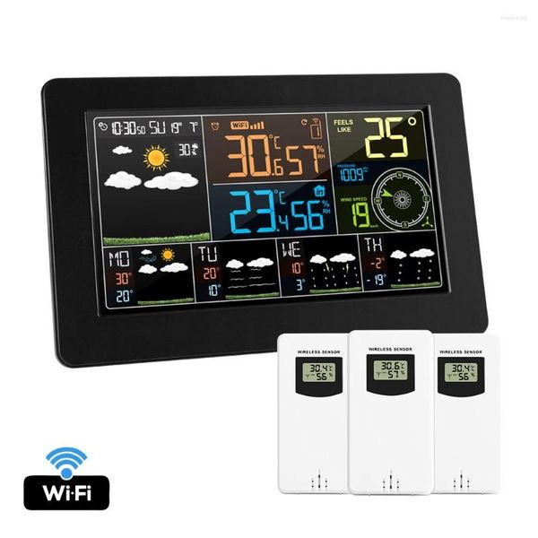 Tischuhren Digitaluhr Wetterstation Wifi mit 3 Sensoren Hygrometer Wanduhr Barometer Wireless Indoor Outdoor