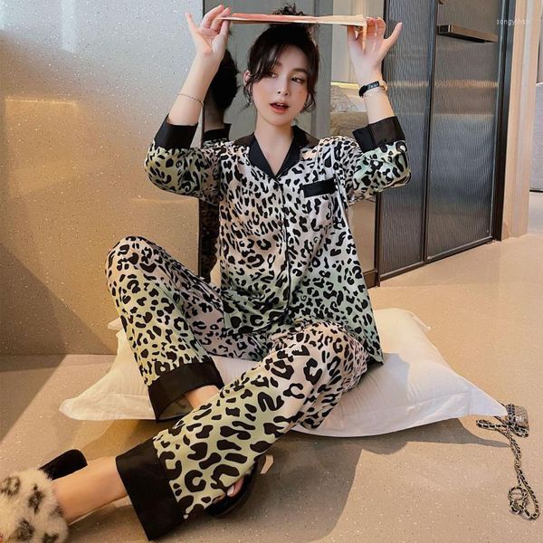 Pijama de pijama de leopardo para roupas de casa Set Lounge casual Use mulheres cetim sono sono 2 peças camisa de camisa de lingerie íntima macia