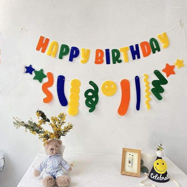 Decorazione per feste Ins Baby Shower Bandiera non tessuta Buon compleanno Banner Sfondo per bambini Sorriso Appeso Puntelli Po