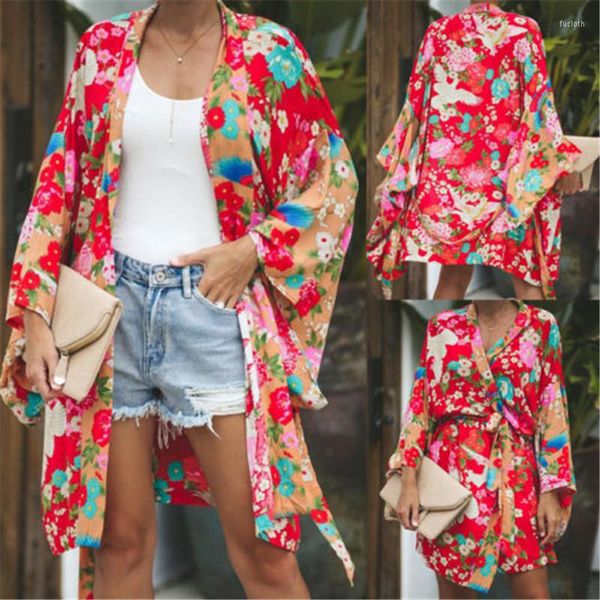 Женские блузки женщины винтаж свободные блузки Boho цветочное пальто кимоно кардиган топы повседневная платка ночная одежда Летняя одежда