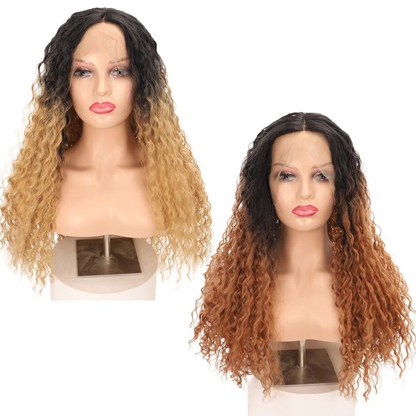 Свободные волнистые парики с градиентом золотистого среднего коричневого цвета, длинные вьющиеся волосы, передняя часть кружевного парика, крышка головы