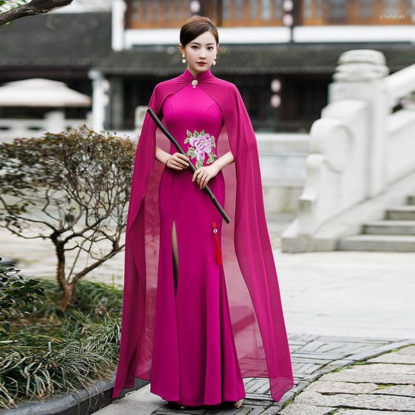 Roupas étnicas tamanho grande 3xl-5xl Lady Satin Cheongsam Sexy Shawl Shawl Long Qipao Vestido de festa noturna tradicional chinês colarinho mandarim