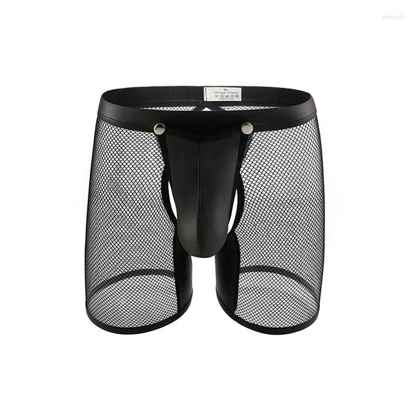 Unterhosen CLEVER-MENMODE Sexy Mesh Dessous Männer Unterwäsche Boxer Shorts PU Leder Offene Penis Beutel Transparent Lange Bein BuBoxer