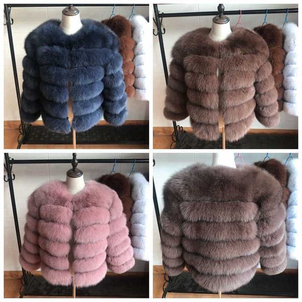 Fauxe Fur 50 см Новые женщины теплые настоящие пальто Короткая зимняя куртка верхняя одежда натуральные голубые пальто для горячего продвижения Y2209