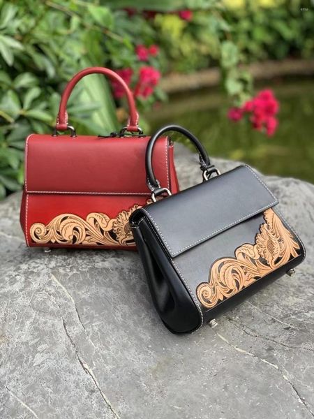 Abendtaschen 2022 Frauen Chinesischen Stil Dame Handtaschen Schnalle Tasche Handbemaltes Echtes Leder mit Schnitzereien Größe 20-16-8 cm
