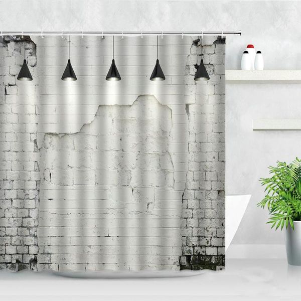 Duş perdeleri retro beyaz tuğla duvar perdesi su geçirmez kumaş banyo ekranları eski dikişsiz taş ışık arka plan dekor banyo