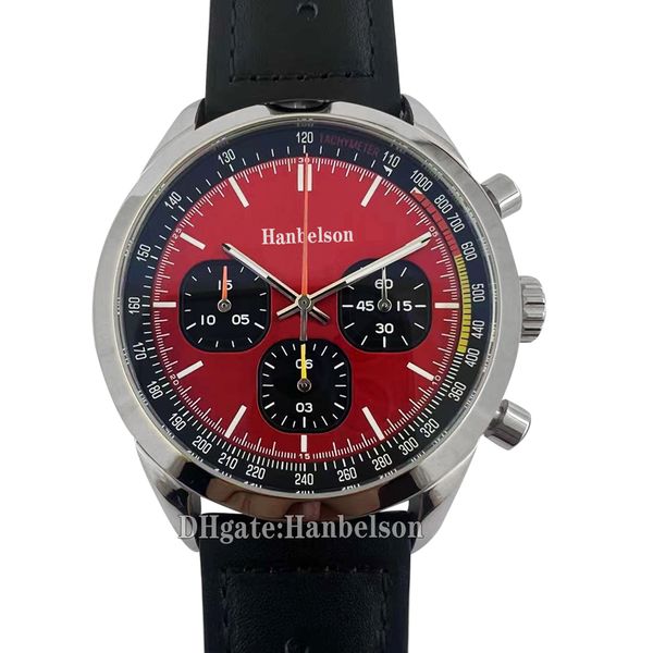 Chronograph Herrenuhr Top Vintage Racing Zifferblatt Quarz MIYOTA BEWEGUNG Rotes Zifferblatt Schwarzes Lederarmband Designer 46mm Herrenarmbanduhr 5 Farben