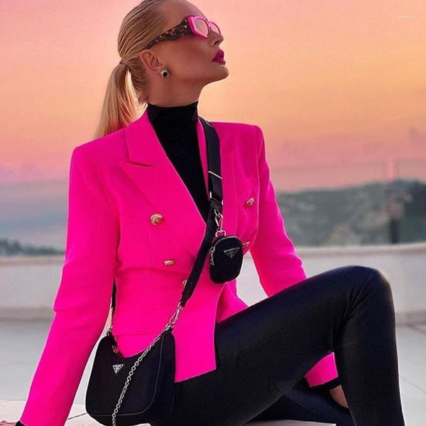 Damenanzüge Orange Fushia Rose Blazer Damen Büro Damen Gold Zweireiher Knöpfe Rosa Herbst Mode Damen Blazer Jacke