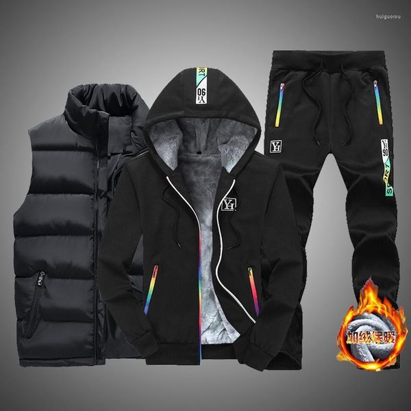 Heren Trainingspakken Heren Winter Fleece 3-delige sets Dikke Hoodies Broek Vest Pak Hooded Sweatshirt Sportkleding Mode Herenkleding Set