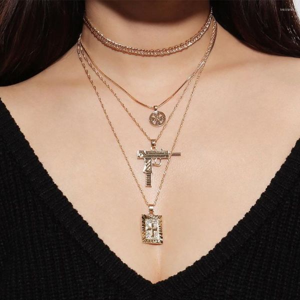 Girocollo Punk Multistrato Peace Gun Cross Collana Donna Catena in metallo color oro Gioielli Boho Regali estivi per feste