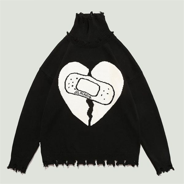 Camisolas masculinos Moda Turtleneck Sweater Men Streetwear Letra Vintage Letra Graffiti Broken Love Pin Knit