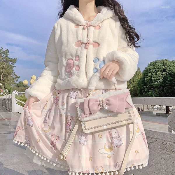 Pelliccia da donna Dolce Carino Morbido Ragazze Cartoon Anime Orecchie Giacche con cappuccio Donna Stile giapponese Breve Caldo Peluche Teddy Cappotto Donna Lolita Cappotti