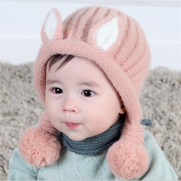 Şapkalar 2022 Kış Bebek Çocuklar İçin Sıcak Kızlar Pamuk Kalın Katı Örme Sevimli Kulaklar Beanie Ponpon Kapakları Bombacı
