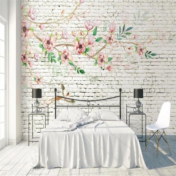 Tapeten Benutzerdefinierte 3D-Tapete Wandbild Handgemalte Magnolienblume Vogel Einfache Backsteinmauer Hintergrund für Wohnzimmer Schlafzimmer Dekoration