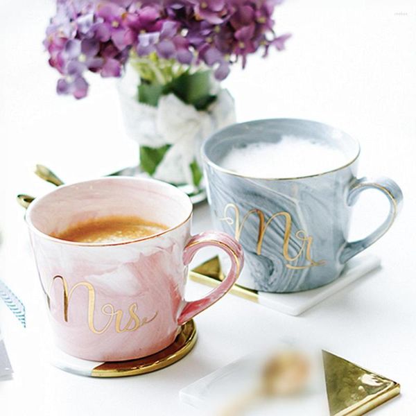 Tazze Tazza da caffè in porcellana di marmo naturale dorata dipinta a mano Mr e Mrs Tea Milk Cups Regalo di nozze creativo Dropship