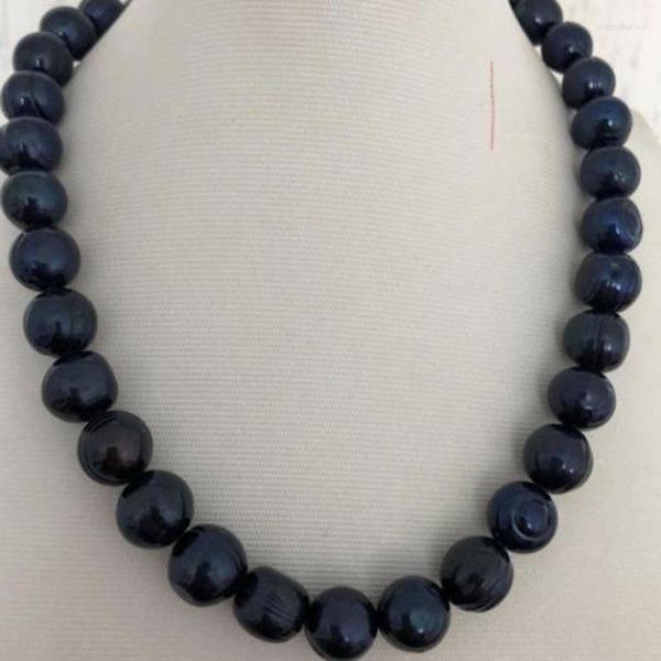 Catene Elegante collana di perle blu nere dei mari del sud da 12-13 mm 18 pollici 925 argentok W