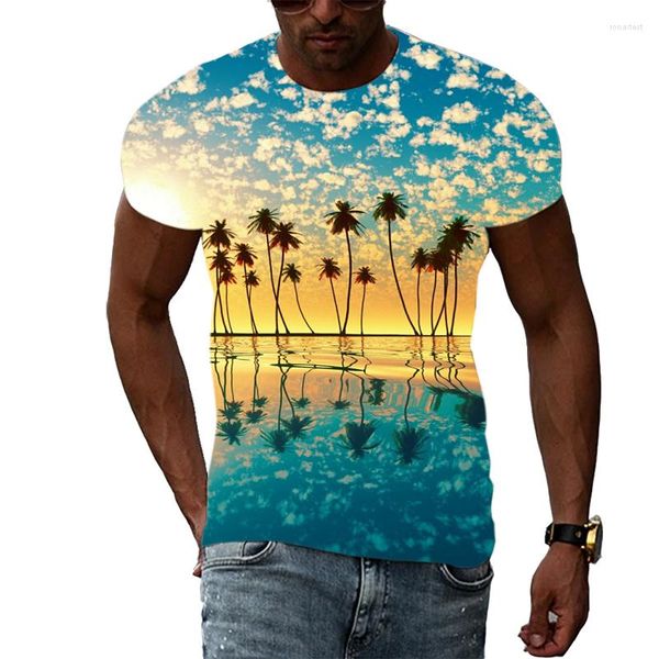 T-Shirts für Herren, Sommer, modisch, Landschaft, Trend, Herren-T-Shirt, 3D-Meer, natürliches Design, Freizeit, schöner Druck, kurzärmeliges Kleidungsstück