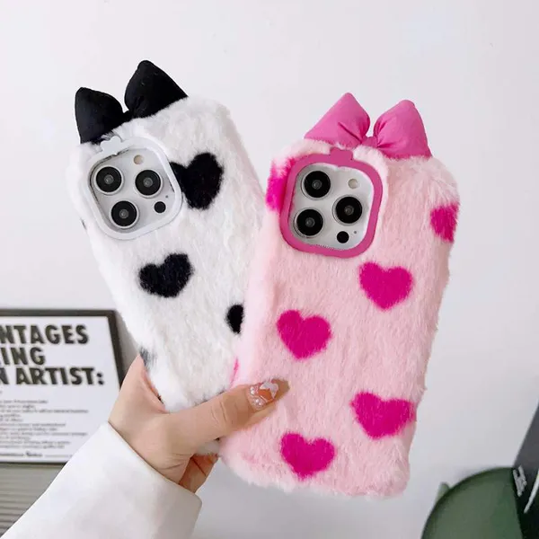 Bonito arco amor coração casos para iphone 15 14 pro max 13 12 11 xr xs x 8 7 bowknot genuíno cabelo de coelho macio tpu animal pele fofa inteligente capa traseira do telefone móvel linda pele