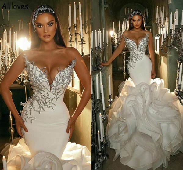 Splendidi abiti da sposa a sirena con volant eleganti cristalli scintillanti in raso con lunga cappella treno abiti da sposa plus size arabo Aso Ebi abiti da sposa CL1209