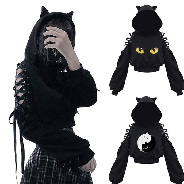 Женские толстовка толстовок Женщины с длинным рукавом Kawaii Cat Ears Hoodie Gothic Punk Harajuku Cold Shouler Bangage Black 220930