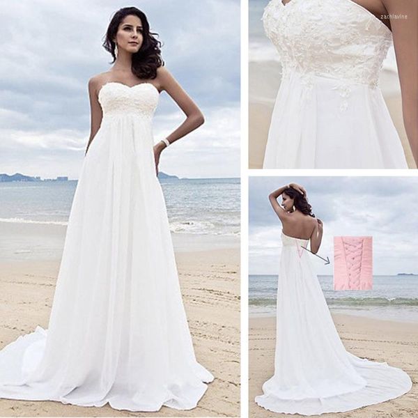 Hochzeitskleid im eleganten Strandstil, weiß, A-Linie, trägerlos, Spitze, Pailletten, schmale Passform, Party, Brautmode