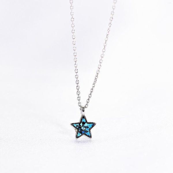 Correntes Blue Crystal Star Colar Women 925 Sterling Silver Nacklace Jeia Clavicle Chain Pinging Charms Gift
