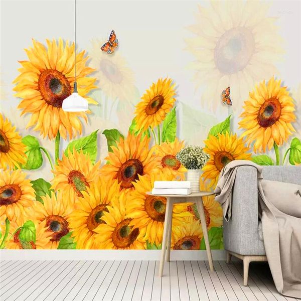 Wallpapers Dekorative Tapete Nordeuropa Einfache kleine frische Art-Sonnenblumen-Blumen-Aquarell-Hintergrundwand