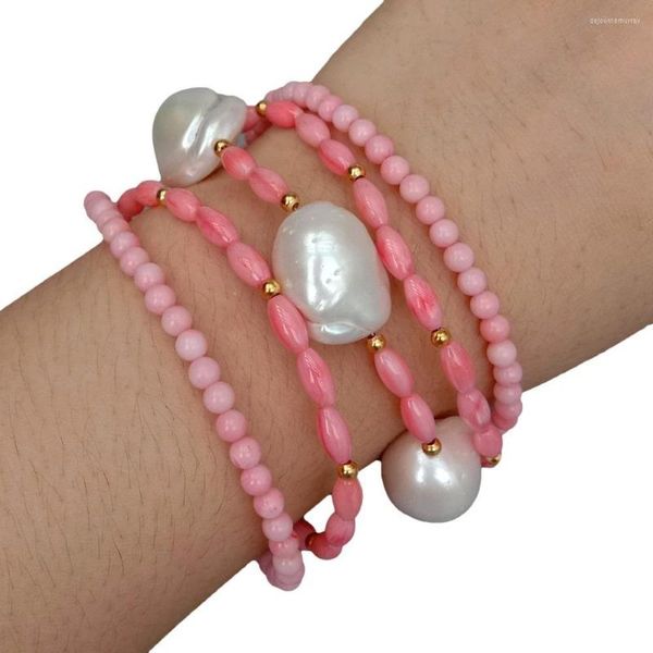 Strand y.ying 5 linhas de água doce Keshi Pearl Rosa Pulseira de coral rosa 8 