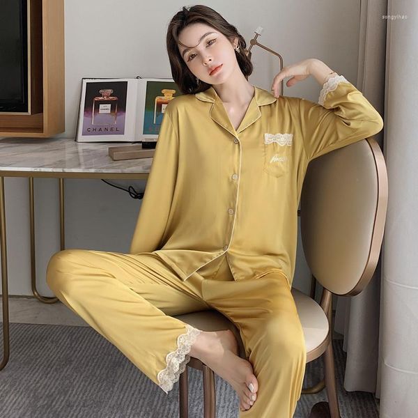 Ev Giyim Pijamaları Set Lounge Wear Women Saten Saten İki Parça Takım Sıras Giysisi 2022 Nightwear Giysileri Dantel Patchwork Pijamalar