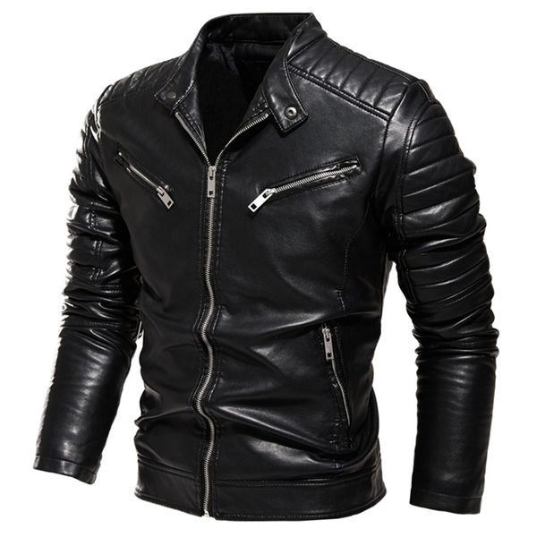 Couro masculino falso inverno jaqueta preta homens forrado de pele quente motocicleta magro rua moda preto motociclista casaco plissado design zíper 220930