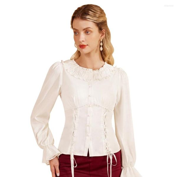 Camicette da donna SD Camicetta vintage vittoriana Camicia girocollo da donna rinascimentale a maniche lunghe con bottoni Top Office Lady Workwear Tunica in pizzo A30