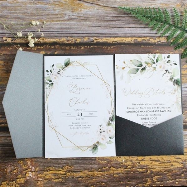 Cartes de voeux Carte d'invitation de mariage noire Tri-Fold Pocket Shimmer Country Party Invite Design personnalisé Multi Couleurs 220930