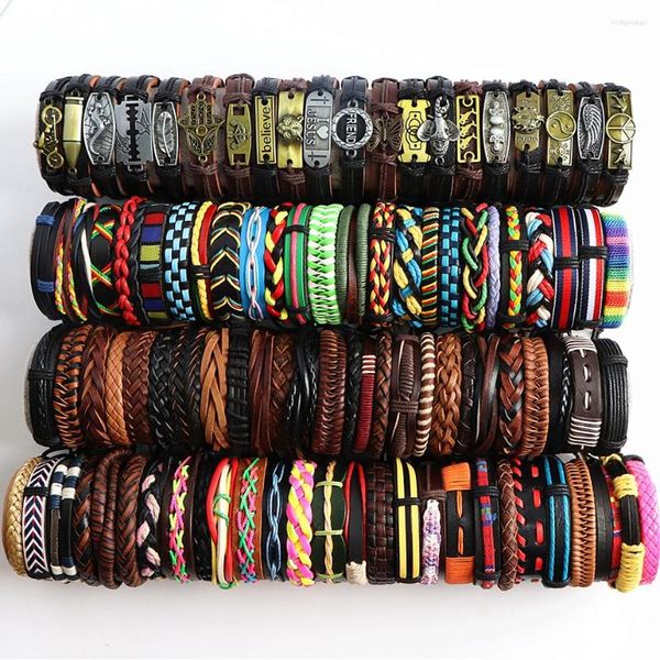 Bangle 25/50/100pcs/lote de moda retro vintage marrom pulseiras de couro étnico jóias coloridas de metal para homens homens por atacado