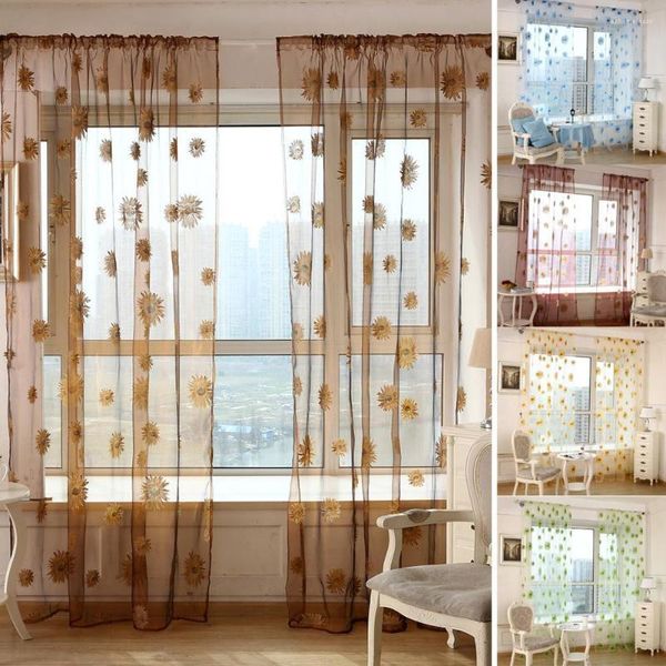 Vorhang 100 200 cm Sonnenblumen-Tüll-Volant-Türvorhang, Heimdekoration für Küche, Balkon, Zimmer, Fenster, Sichtschutz