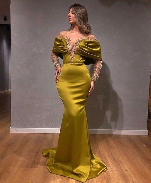 Altın zarif gece elbise uzun kollu derin v boyun dantel aplike payetler saten zemin uzunluğu yüksek seksi artı beden parti elbisesi balo elbisesi