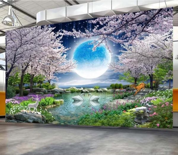 Papéis de parede Vista bonita da lua A Full Cherry Trees Landscape TV Background Wall Decoration Wallpaper Murais