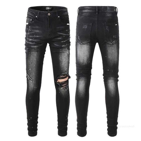 Denim Amirs Jeans Designer Hosen Mann Herbstmodemarke Am Mens Black Perforated Stickerei Patch Elastizität Slim Leggings SC1A