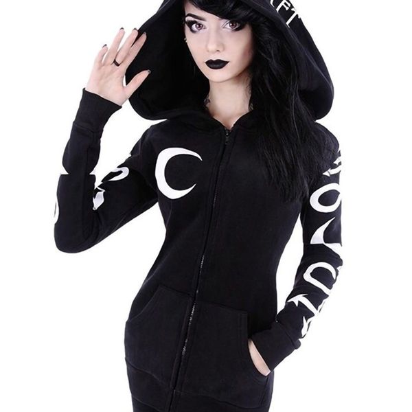 Kadın Hoodies Sweatshirts Kadın Gotik Punk Moon Mektup Baskı Sonbahar Kış Uzun Kollu Siyah Ceket Fermuarı Ceket Gündelik Hoody 5xl 220930