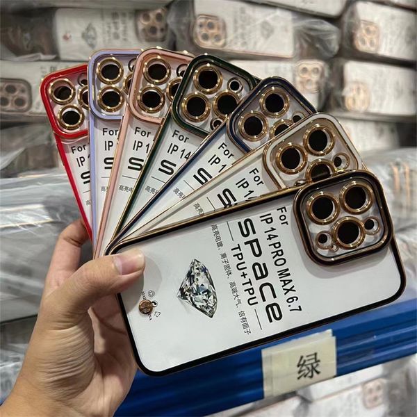 Casos protetores de lente de câmera de chapeamento para iphone 15 14 plus pro max 13 mini 12 11 xr x xs max samsung s23 bling soft tpu gel fino furo galvanoplastia capa de espaço