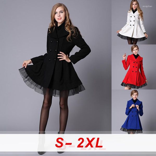 Damen Trenchcoats Mantel Frauen Spitze Saum Tops Zweireiher Wolle Große Weibliche Dünne Outwear Revers Schlank Oberbekleidung Peacoat Plus Größe