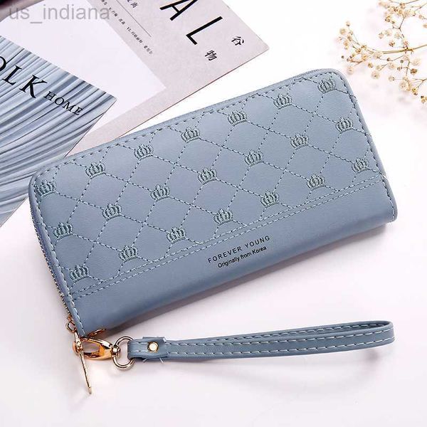 Portafogli Portafoglio da donna nuovo stile Portafoglio con cerniera singola con filo da ricamo a corona lunga europea e americana Portafoglio con pochette a mano femminile L220929