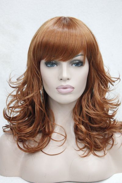 Nova Wig Curly Women Comprimento Médio Sintético Peruca Full Orange Brown Center Skin Dot Wig