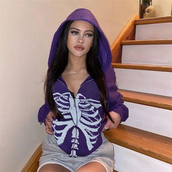 Jaquetas masculinas Zip-up Y2K Harajuku Estilo Coreano Solto Crânio Impressão Goth Grunge Manga Longa Jaqueta Com Capuz Roxo Retro Camisa Estudante Menina Top 220930