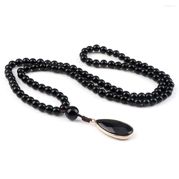 Anhänger Halsketten glänzende schwarze Onyx Naturstein Perlen Halsketten Bracelet Männer 108 japamala pandent Gebet Halskette handgefertigte Frauen